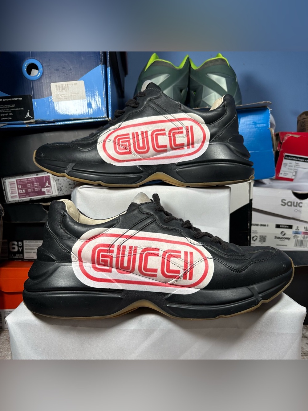 Size 10 GG - Gucci Rhyton Sega Black sneakers white red logo Ace